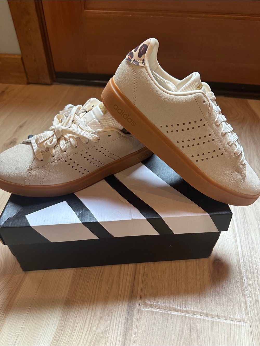 adidas Cream Low-Top Sneakers with Leopard Heel and Gum Sole